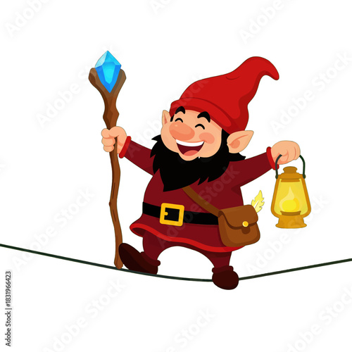 Happy Gnome With Lantern and Magical Staff