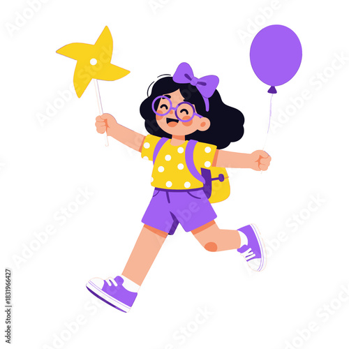 Happy schoolgirl with balloon and pinwheel