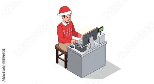 Festive cashier at work: holiday cheer in retail environment