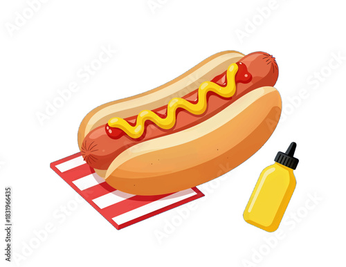 Hot dog with ketchup and mustard on a striped napkin