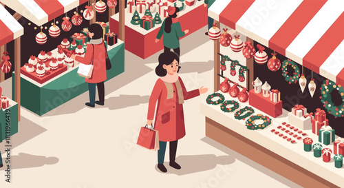 Festive holiday market scene with decorations and shoppers in flat style