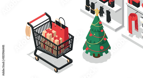 Festive shopping scene with gifts and christmas decorations in isometric style