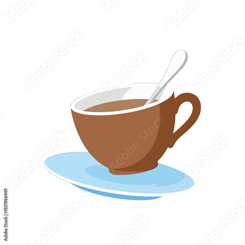 Hot beverage in a brown cup with a spoon and saucer