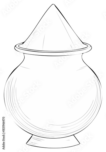 Black and white illustration of a round pot with a conical lid, drawing
