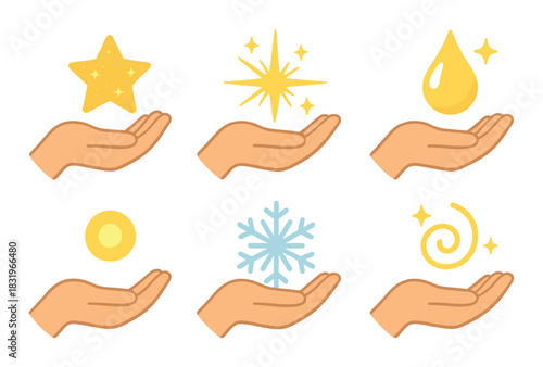 Hands holding diverse glowing symbolic elements in a mystical aura