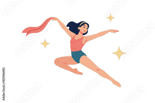 Illustration of a dynamic young gymnast performing with ribbon and stars