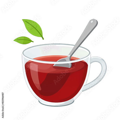 Hot red tea in a glass cup with a spoon and green leaves