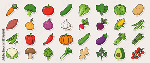 Food and vegetables icon set. containing carrot, broccoli, tomato, cucumber, lettuce, spinach, cabbage, potato. Vector collection