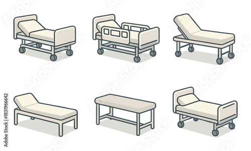 Various hospital beds and medical examination table designs