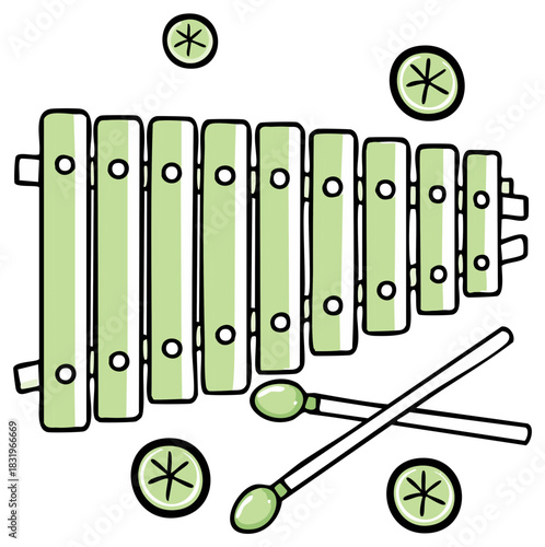 Cute hand drawn green xylophone musical instrument with mallets vector illustration