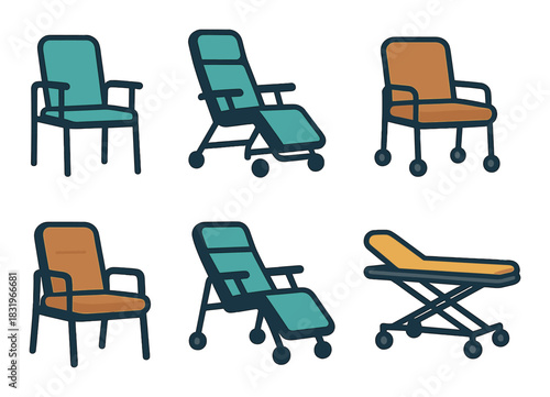 Set of six medical furniture icons featuring chairs and stretchers