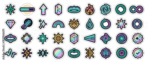 Mystical icon set. containing star, arrow, crystal, flame, vortex, infinity, diamond, comet, rainbow, and more. Vector collection