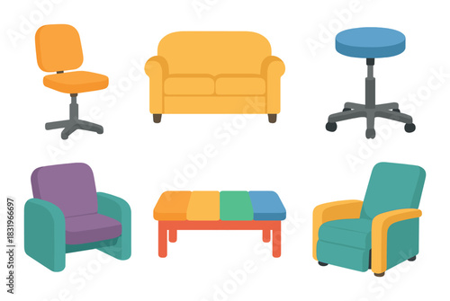 Colorful furniture collection featuring chairs, sofa, stool, and table