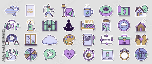 Wellness and relaxation icon set. including yoga, meditation, routine, calm, wellness, sleep, nature, reset, mindfulness, peace. Vector collection