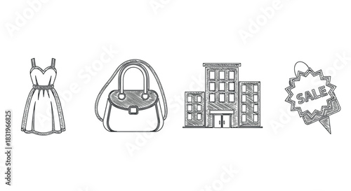 Sketch style dress, handbag, building, and sale tag icons