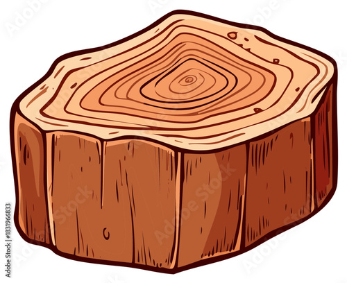 Stylized cartoon illustration of a wooden tree stump with visible growth rings and textured bark