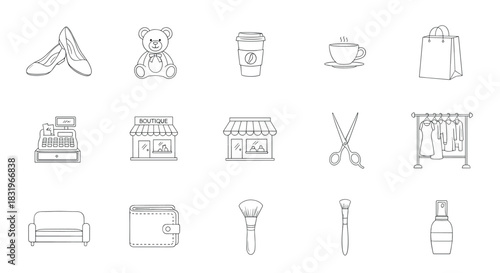 Shopping and lifestyle icons set: fashion, beverage, beauty, and home in linear style