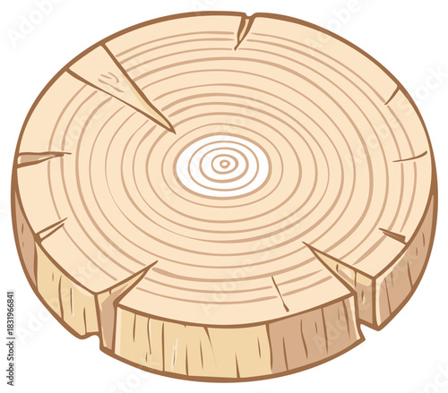 Cartoon illustration of a wooden tree slice with growth rings and cracks