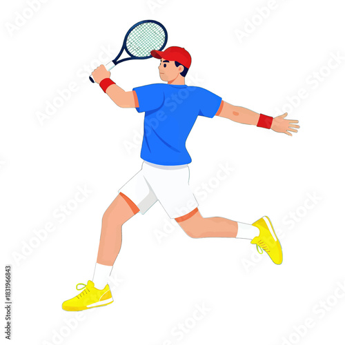 Male Tennis Player in Blue Shirt Swinging Racket