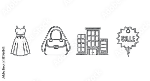 Sketch style fashion and retail elements with dress, handbag, storefront, and sale tag