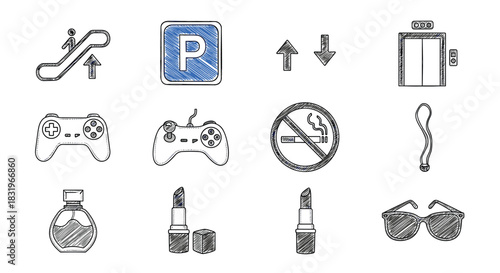 Hand-drawn icon set: transportation, gaming, fashion, and lifestyle symbols