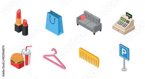 Isometric shopping and retail icons set: lipstick, bag, couch, cash register, fast food, hanger, comb, parking sign