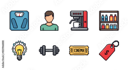 Pixel art icons: fitness, coffee, shopping, and everyday essentials