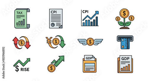 Economic growth and inflation: colorful icons for financial analysis and market trends