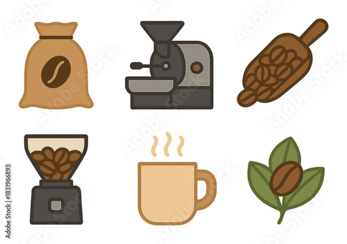 Coffee icons: bag, grinder, beans, cup, plant — vibrant brown glows