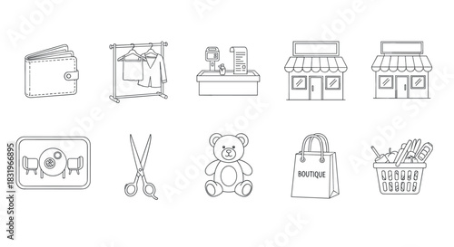 Simple linear icons of shopping, retail, and everyday essentials