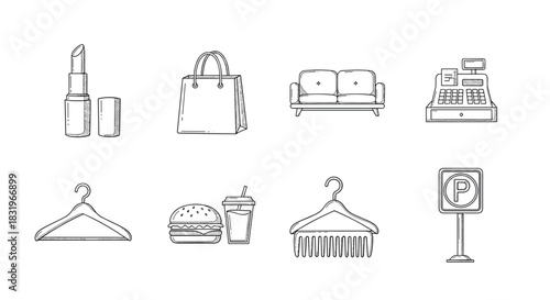 Outline icons: shopping, food, and everyday essentials