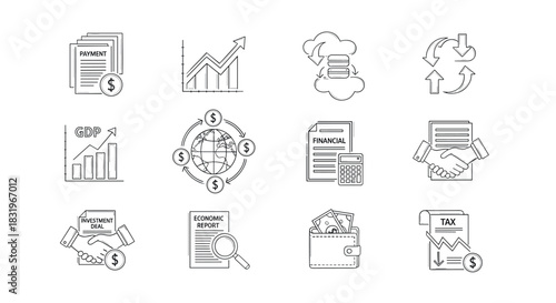 Linear financial icons set with payment, gdp, and tax analytics graphics