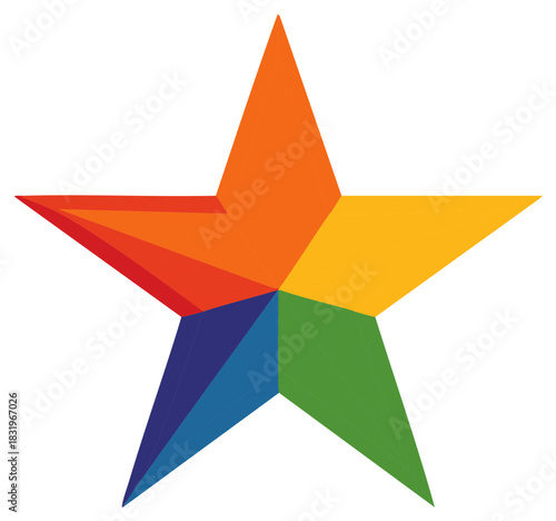 Vibrant five-pointed star graphic featuring abstract geometric facets and distinct colorful segments