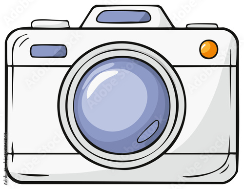 Cartoon illustration of a white digital camera icon with blue lens for photography concept