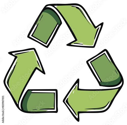 Green recycling arrows symbol in a hand drawn doodle style for environmental awareness