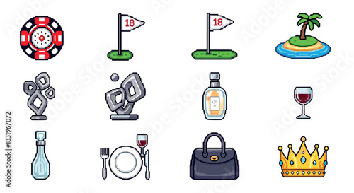 Icon set featuring casino, golf, island vacation, and luxury lifestyle elements