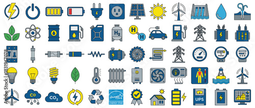 Renewable energy and sustainability icon set. containing solar panel, wind turbine, recycling, battery, hydrogen, water drop, and more. Vector collection