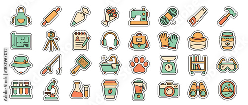 Diy and crafts icon set. featuring apron, rolling pin, glue gun, sewing machine, yarn, saw, hammer, and more. Vector collection