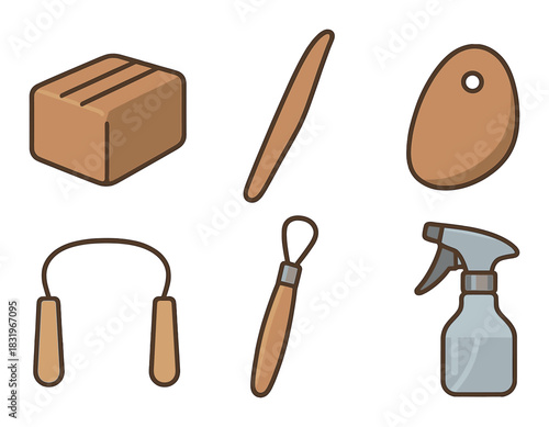 Set of cartoon cleaning tools on brown background