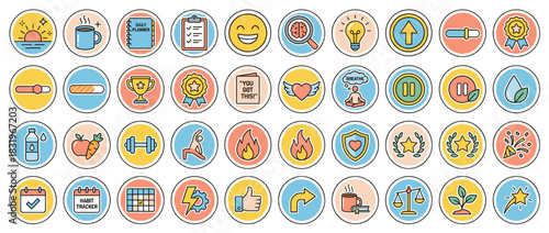 Wellness and motivation icons set. containing sunrise, coffee, planner, smiley, magnifying glass, trophy, arrow, leaf, heart and more. Vector collection