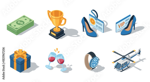 Isometric icons of luxury and wealth: cash, trophy, and exclusive gifts