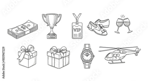 Luxury items collection: hand-drawn icons of wealth and celebration