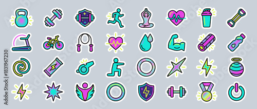 Fitness and wellness icon set. containing dumbbell, kettlebell, yoga, running, cycling, hydration, and more. Vector collection