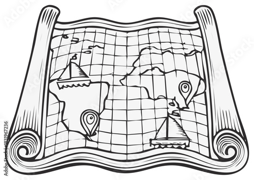 Vintage world map illustration with sailing ships and location pins on a grid