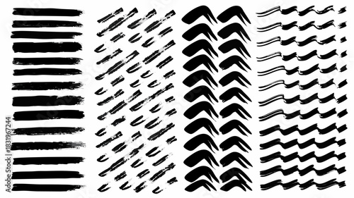 Dynamic set of black brush stroke designs, perfect for adding an artistic touch to your project with these hand-drawn elements, originally a scalable vector graphic