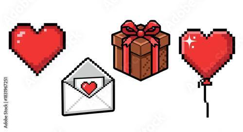 Retro pixel art love icons set featuring heart, gift, envelope, and balloon