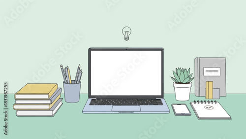Detailed Vector Illustration of Cozy Student Workspace with Blank Laptop Screen Mockup, Stack of Books, Coffee, and Plants for Home Education or Creative Study