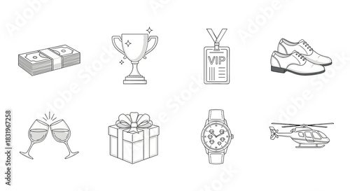Monochrome line art: luxury icons of money, trophy, vip, and elegance