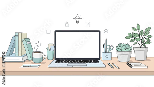 Detailed Vector Illustration of Cozy Student Workspace with Blank Laptop Screen Mockup, Stack of Books, Coffee, and Plants for Home Education or Creative Study