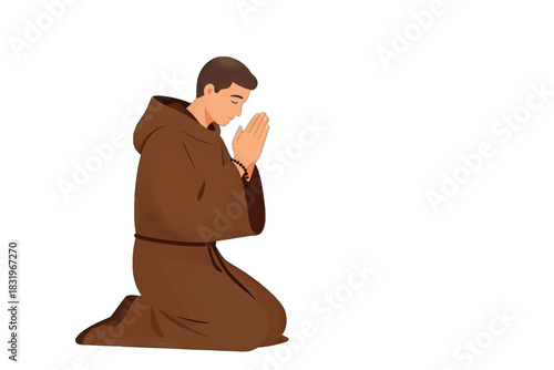Monk in brown robe kneeling with hands in prayer